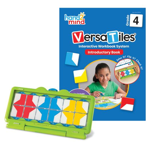 Hand2Mind VersaTiles Grade 4 Introductory Book and green tile puzzle game system with red, blue, and yellow tiles on plain background