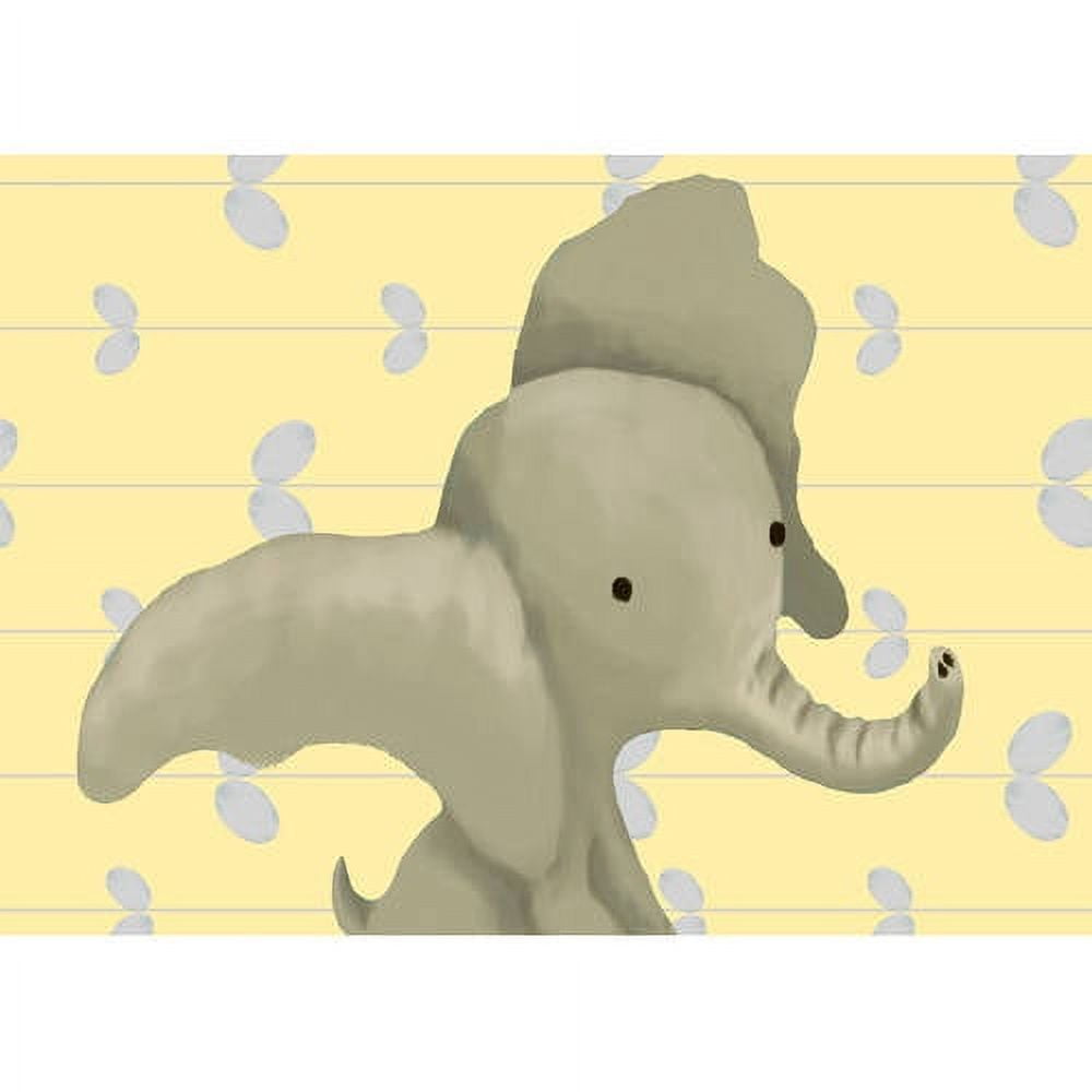 Gray plush elephant toy with raised trunk on yellow background with blue leaf pattern