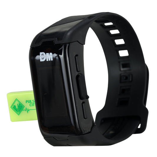 Black Vital Hero Digimon interactive activity band with white logo on face and textured rubber strap with white button details