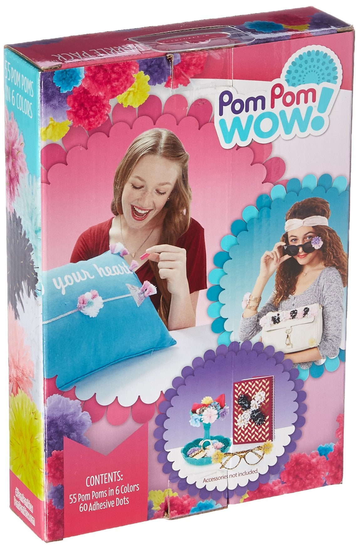 Pom Pom Wow Sparkle Pack box showing a child modeled wearing a red shirt decorating a blue pillow with colorful pom poms, featuring 55 pom poms in 6 colors and