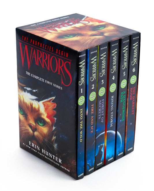Warriors Complete First Series box set containing 6 books with spines numbered 1-6, featuring a cat with glowing green eyes on the front cover