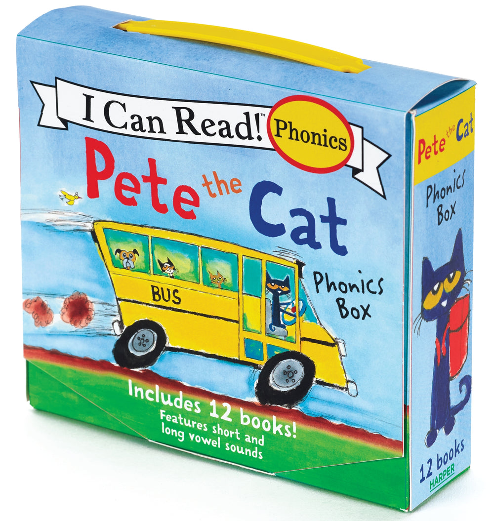 Pete the Cat 12-Book Phonics Fun Set box featuring yellow school bus with characters and yellow pencil on top
