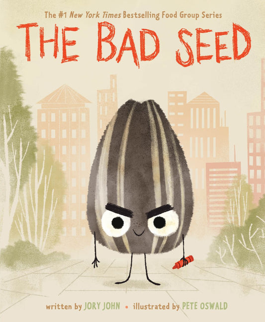 The Bad Seed plush toy with gray striped body and expressive eyes
