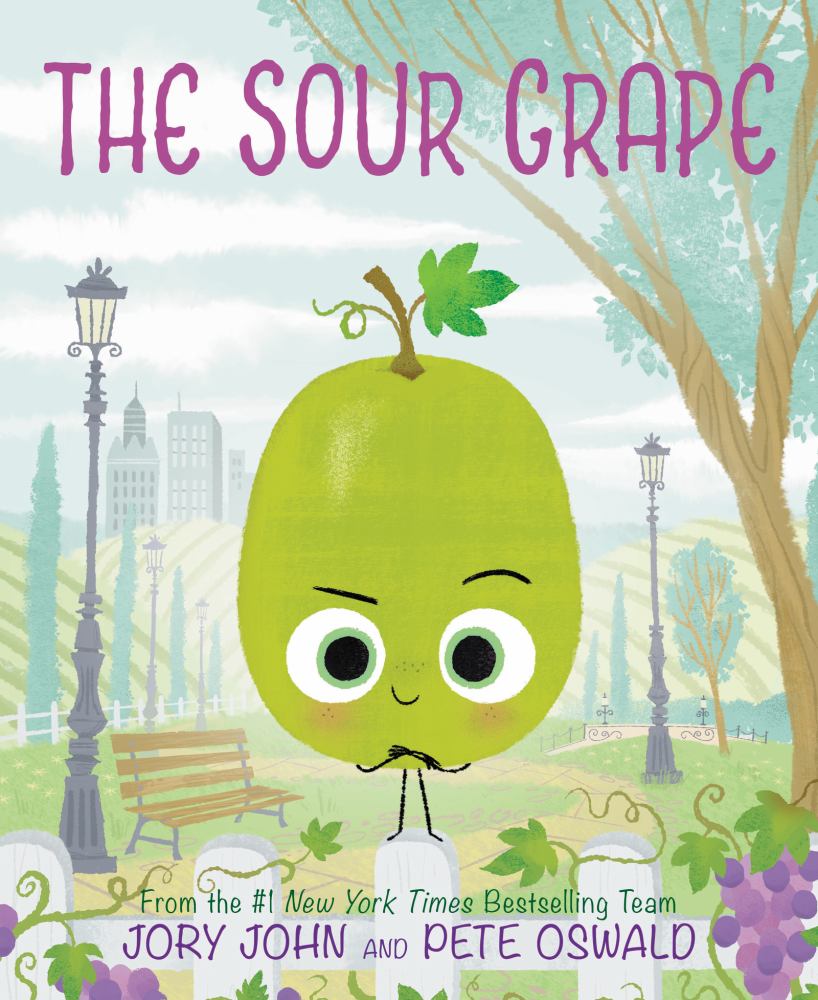 The Sour Grape book cover featuring a cheerful green grape character with large eyes and a mustache in a sunny park setting, illustrated by Jory John and Pete O