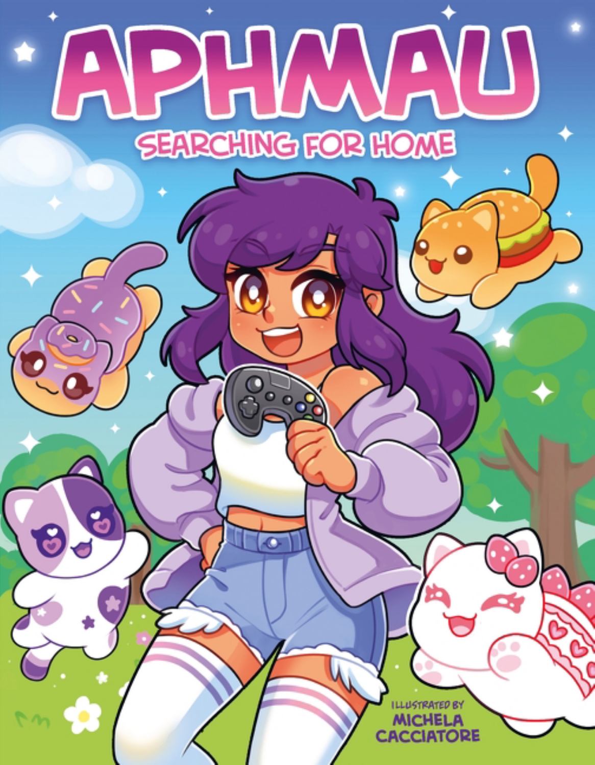 Aphmau Searching for Home graphic novel cover with purple-haired character and cute creatures