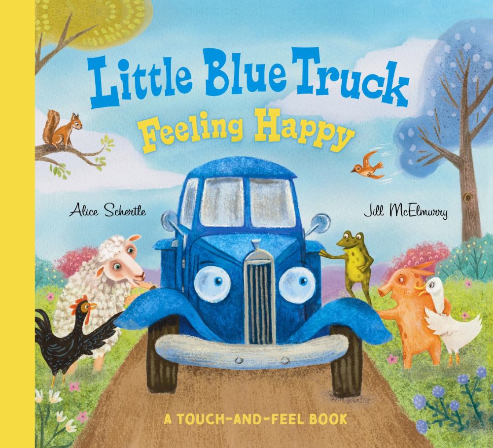 Little Blue Truck Feeling Happy Touch-and-Feel Board Book cover featuring a blue truck with large eyes surrounded by farm animals on a grassy landscape