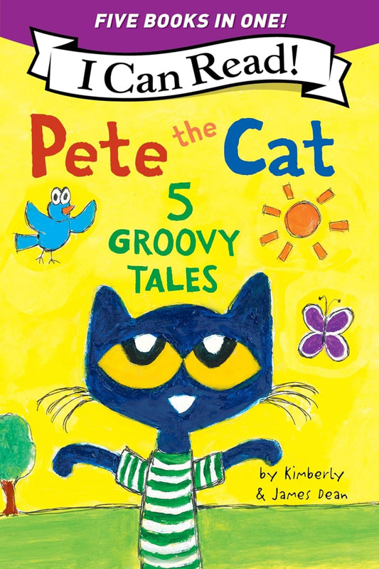 Pete the Cat 5 Groovy Tales I Can Read book cover featuring a blue cat with yellow eyes wearing a green and white striped shirt