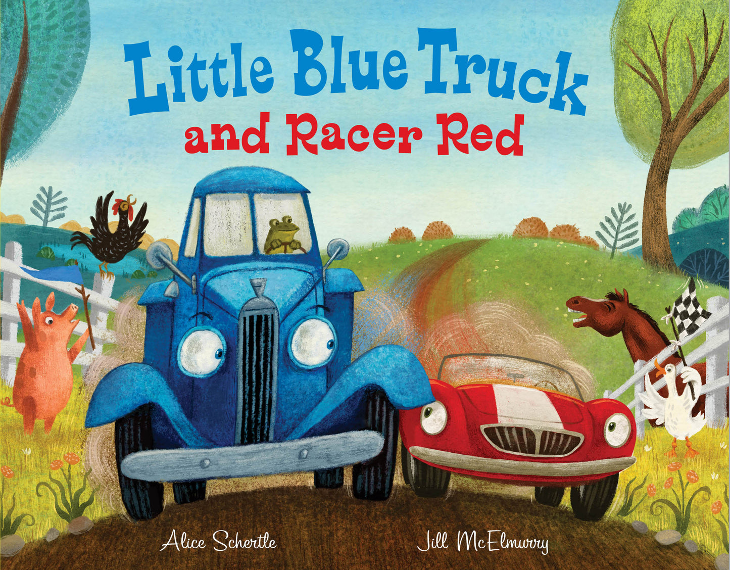 Little Blue Truck and Racer Red Exciting Race Adventure book cover featuring illustrated blue truck and red race car on countryside road with animals and trees