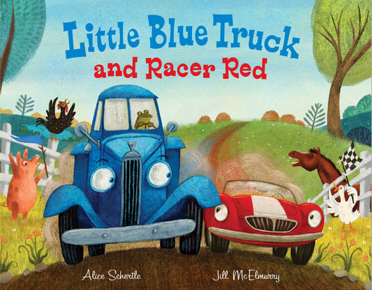 Little Blue Truck and Racer Red Exciting Race Adventure book cover featuring illustrated blue truck and red race car on countryside road with animals and trees