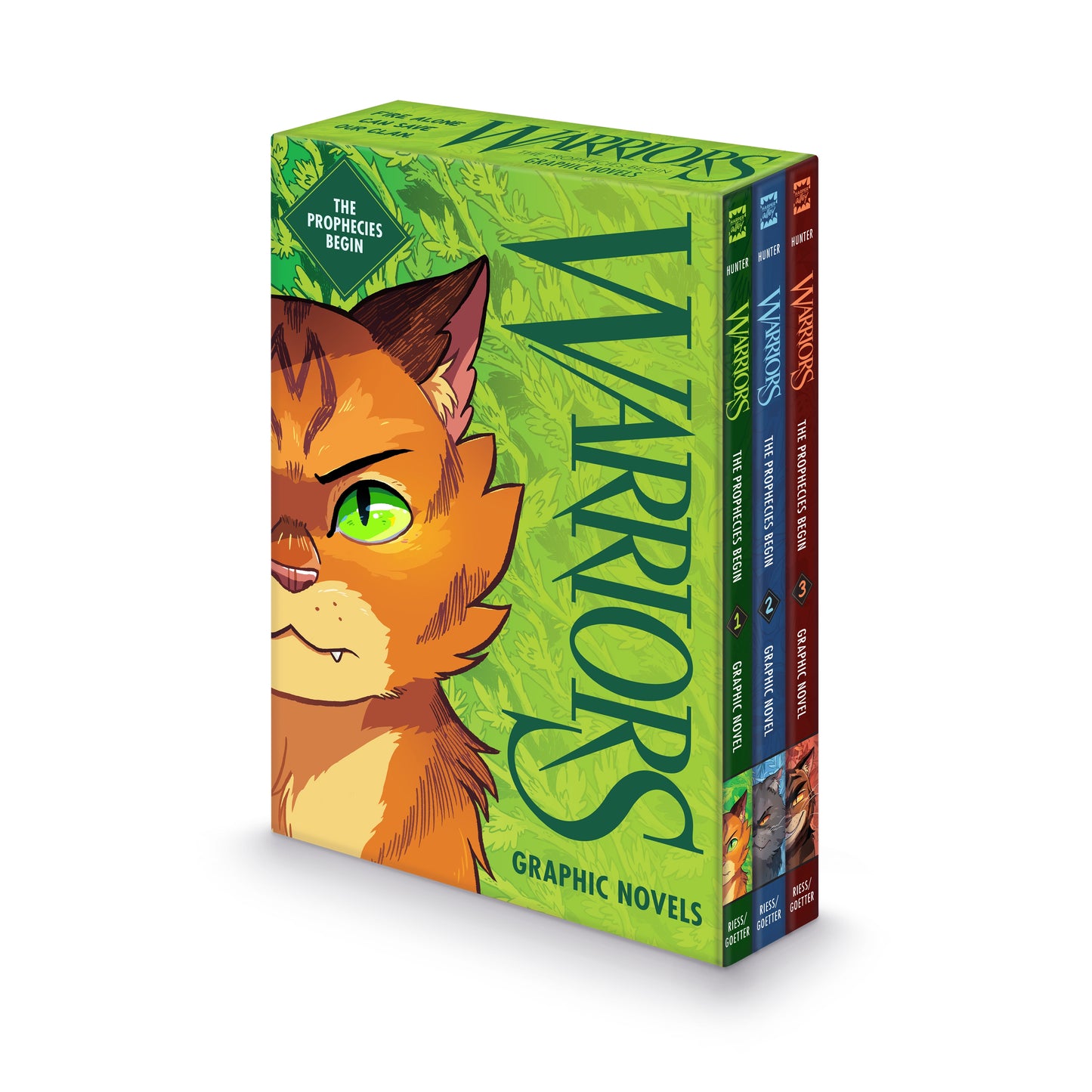 Warriors Graphic Novel: The Prophecies Begin 3-book boxed set featuring an orange cat with green eyes on the cover