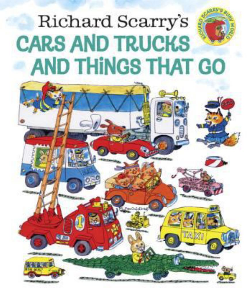 Richard Scarry's Cars and Trucks and Things That Go book cover featuring colorful illustrated vehicles including fire truck, taxi, bus, and various characters