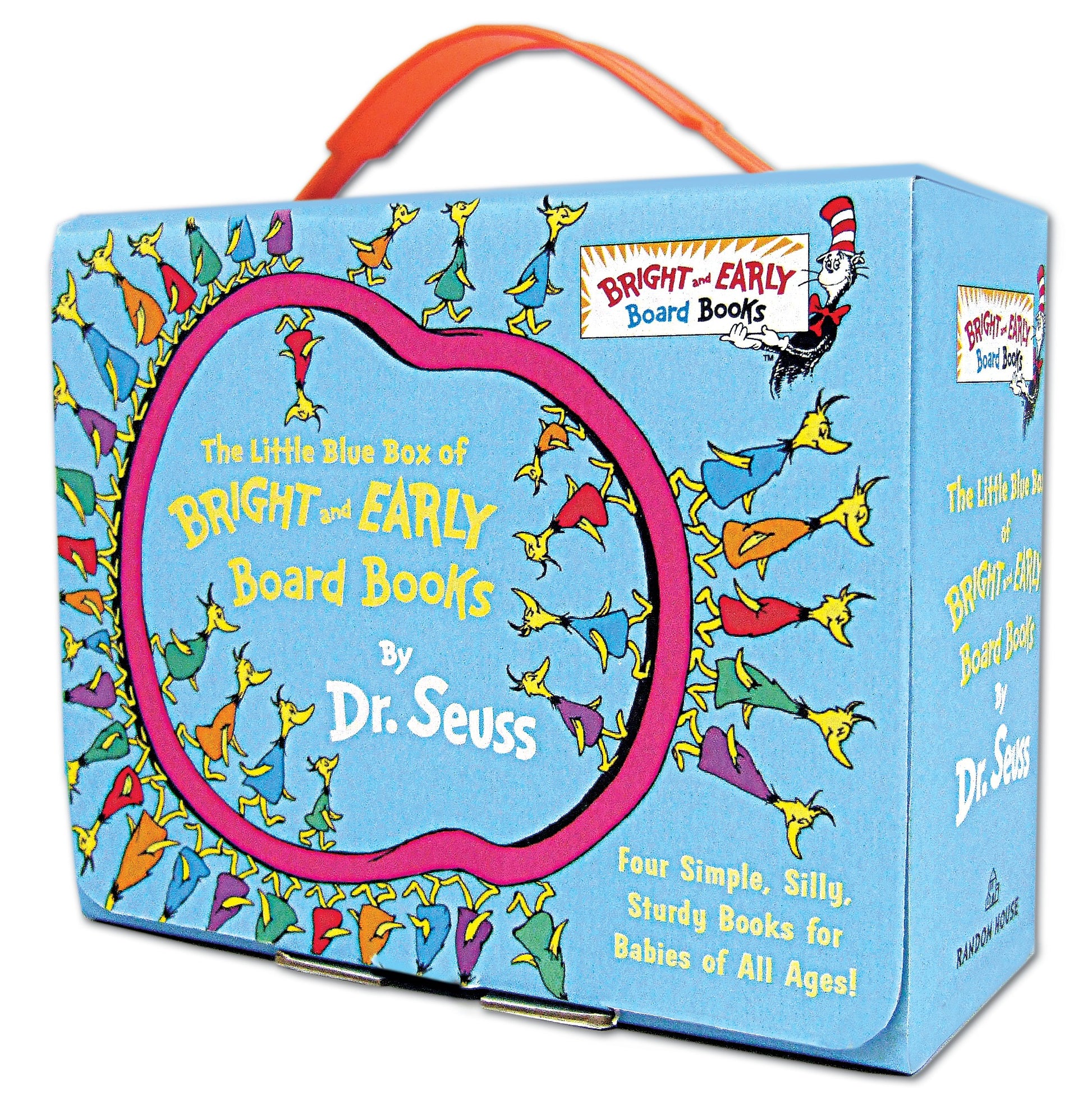 The Little Blue Box of Bright and Early Board Books by Dr. Seuss, a blue box set with orange handle featuring colorful illustrated creatures and text describing