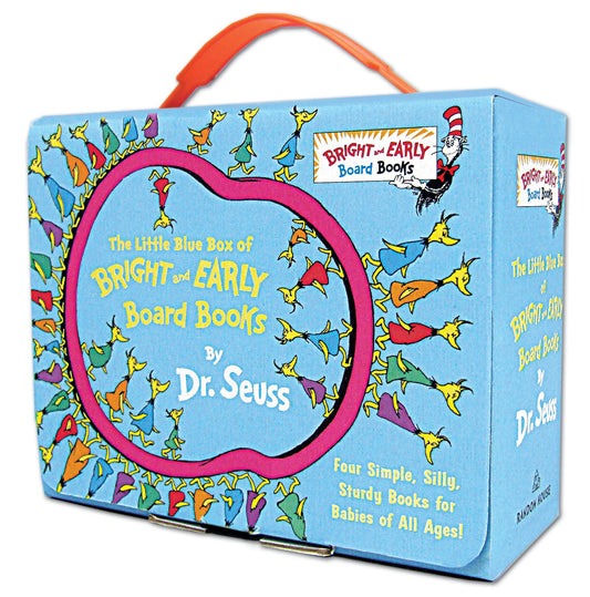 The Little Blue Box of Bright and Early Board Books by Dr. Seuss, a blue box set with orange handle featuring colorful illustrated creatures and text describing