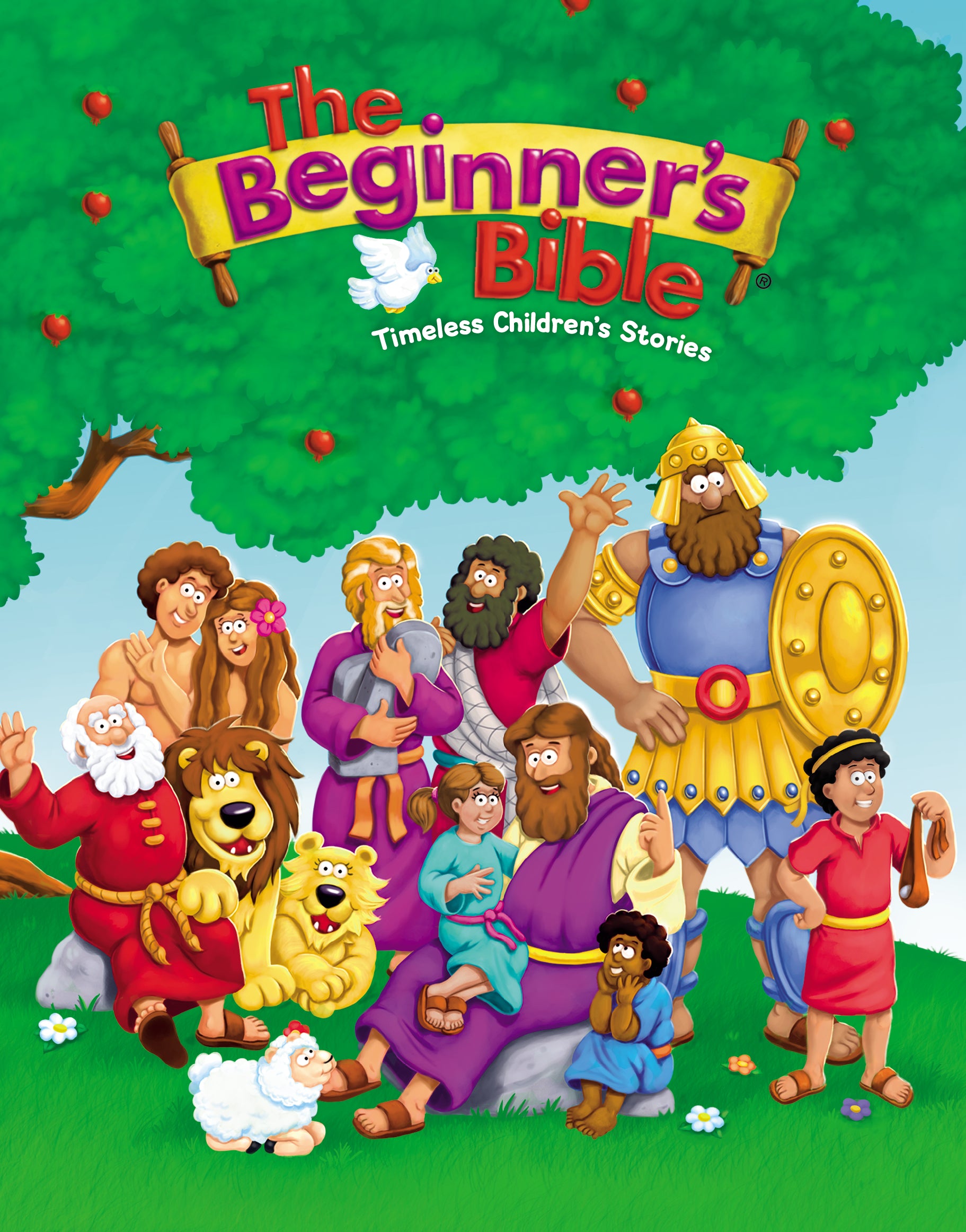 The Beginner's Bible: Timeless Children's Stories book cover featuring illustrated biblical characters including children, adults, animals, and a warrior with s