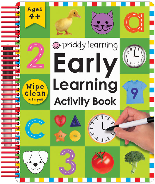 Spiral-bound Early Learning Activity Book by Priddy Learning, ages 4+, featuring colorful grid of learning images including duck, cat, numbers, clock, shirt, sh