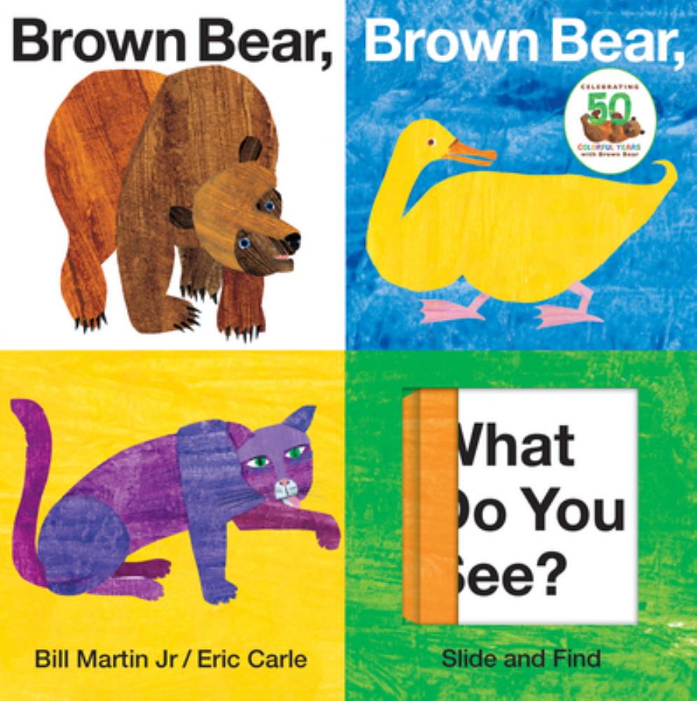 Brown Bear, Brown Bear, What Do You See? Interactive Board Book cover showing colorful illustrated animals including a brown bear, yellow duck, and purple cat w