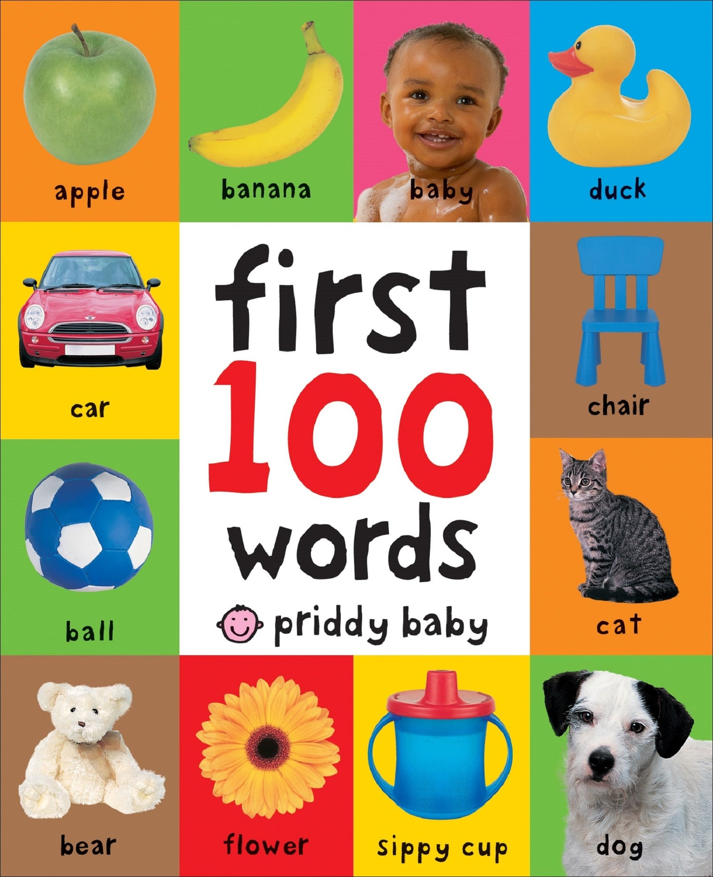 First 100 Words Bright Baby Board Book cover featuring colorful grid with labeled images including apple, banana, baby, duck, car, chair, ball, cat, bear, flowe