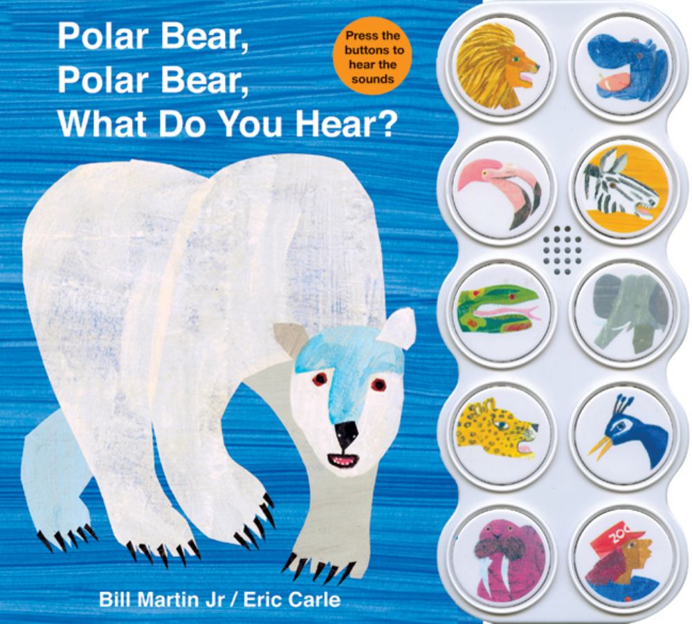 Polar Bear, Polar Bear, What Do You Hear? Sound book cover featuring illustrated white polar bear on blue background with text and ten circular sound buttons sh