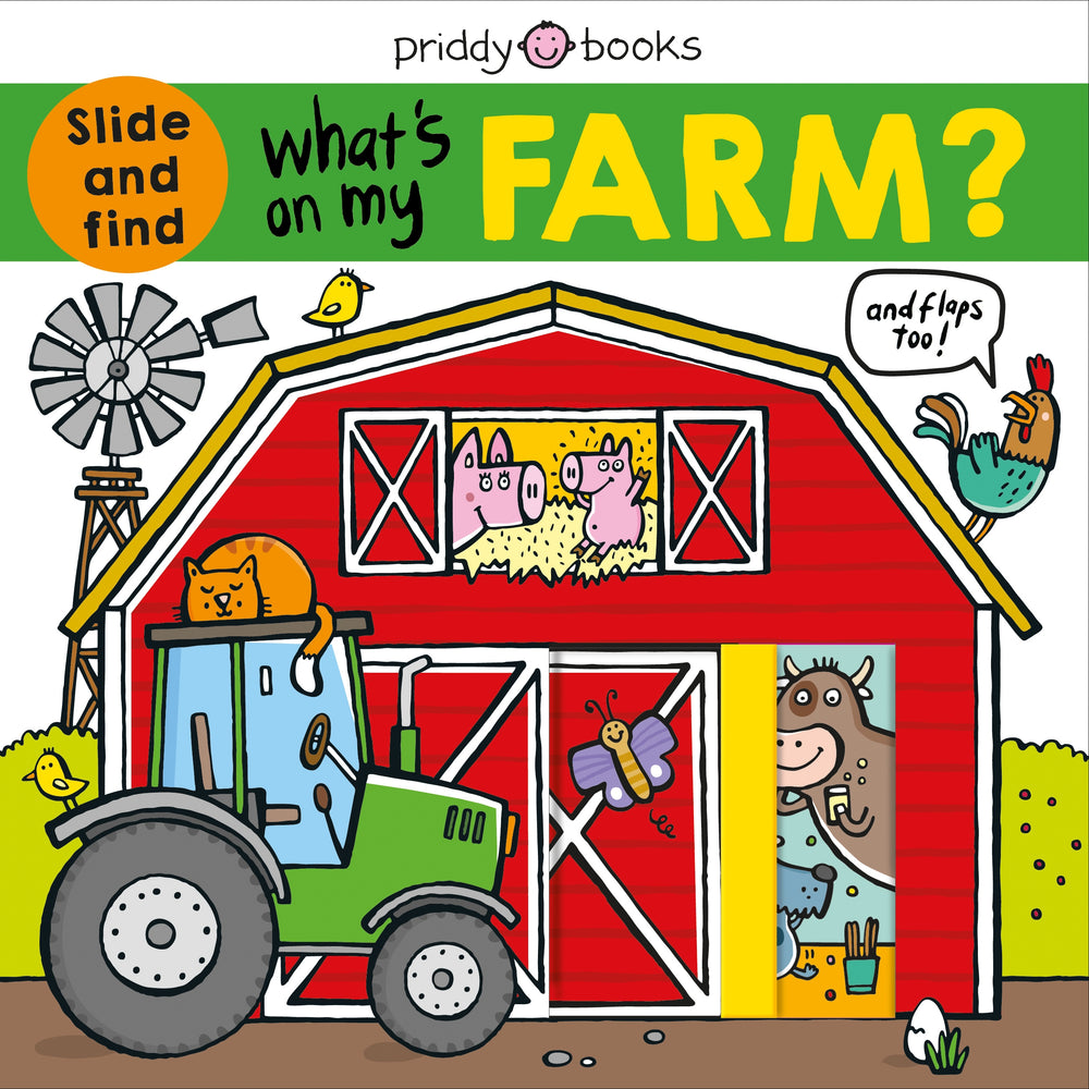 Priddy Books 'What's on my Farm?' slide and find interactive children's book cover featuring a red barn with pigs, cow, cat, rooster, windmill, tractor, and far