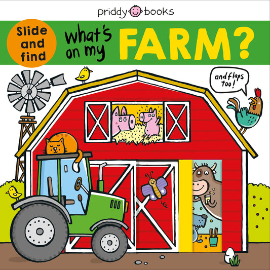 Priddy Books 'What's on my Farm?' slide and find interactive children's book cover featuring a red barn with pigs, cow, cat, rooster, windmill, tractor, and far