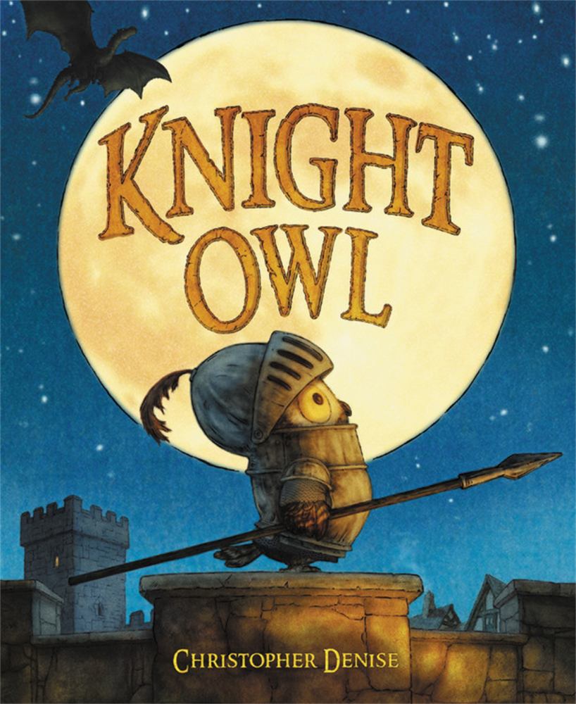 Knight Owl book cover featuring an armored owl character perched on a stone wall with a sword, full moon and starry night sky behind, castle in background