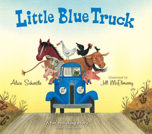 Little Blue Truck Board Book cover featuring a blue truck loaded with farm animals including a horse, cow, pig, duck, rooster, and bird on a rural road with gra