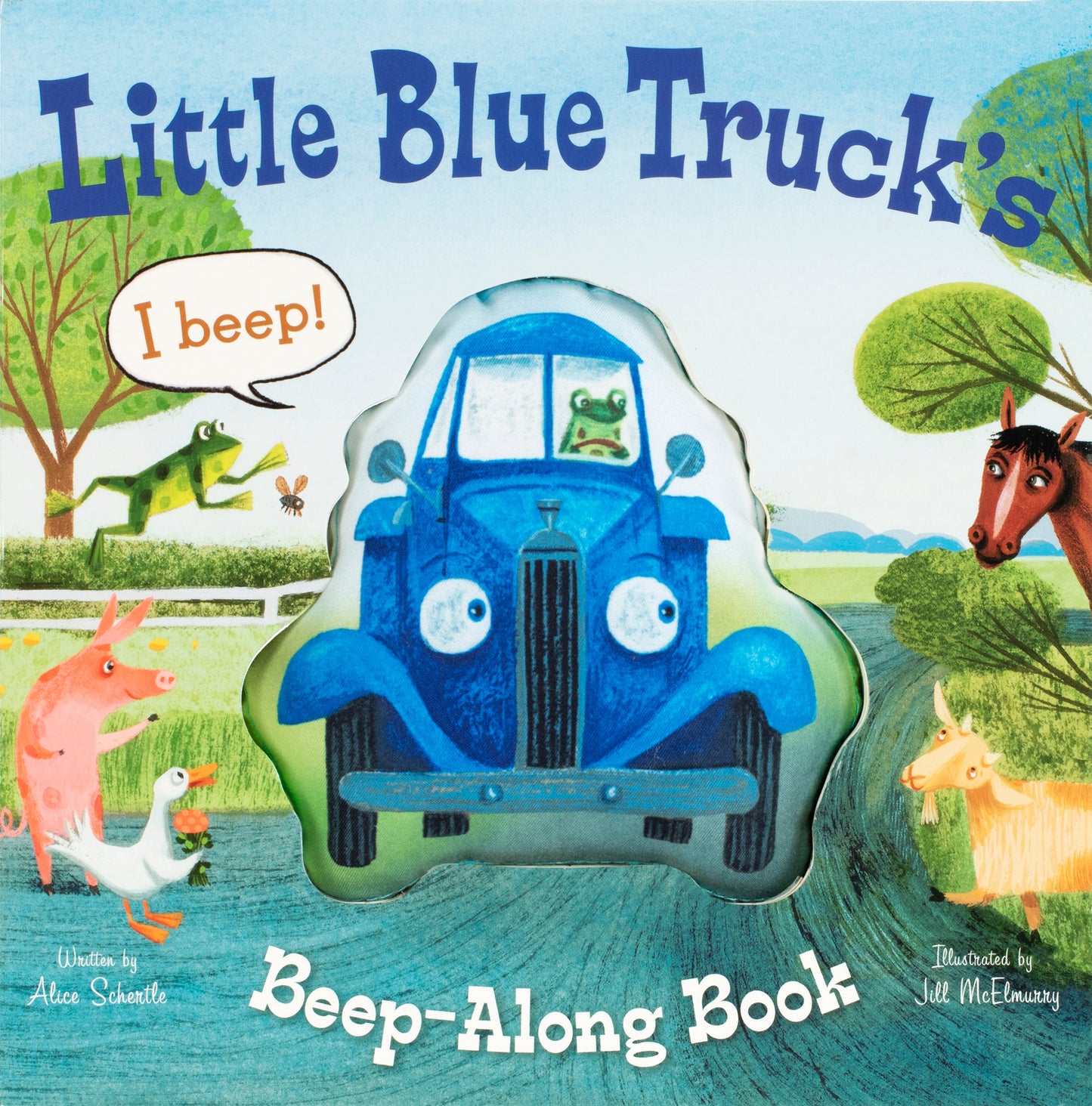 Little Blue Truck's Beep-Along Book cover featuring a blue truck with animal characters including a frog, pig, horse, duck, and goat in a pastoral scene