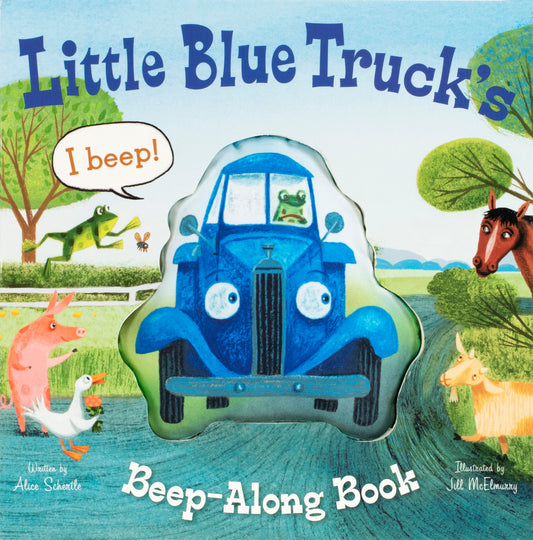 Little Blue Truck's Beep-Along Book cover featuring a blue truck with animal characters including a frog, pig, horse, duck, and goat in a pastoral scene