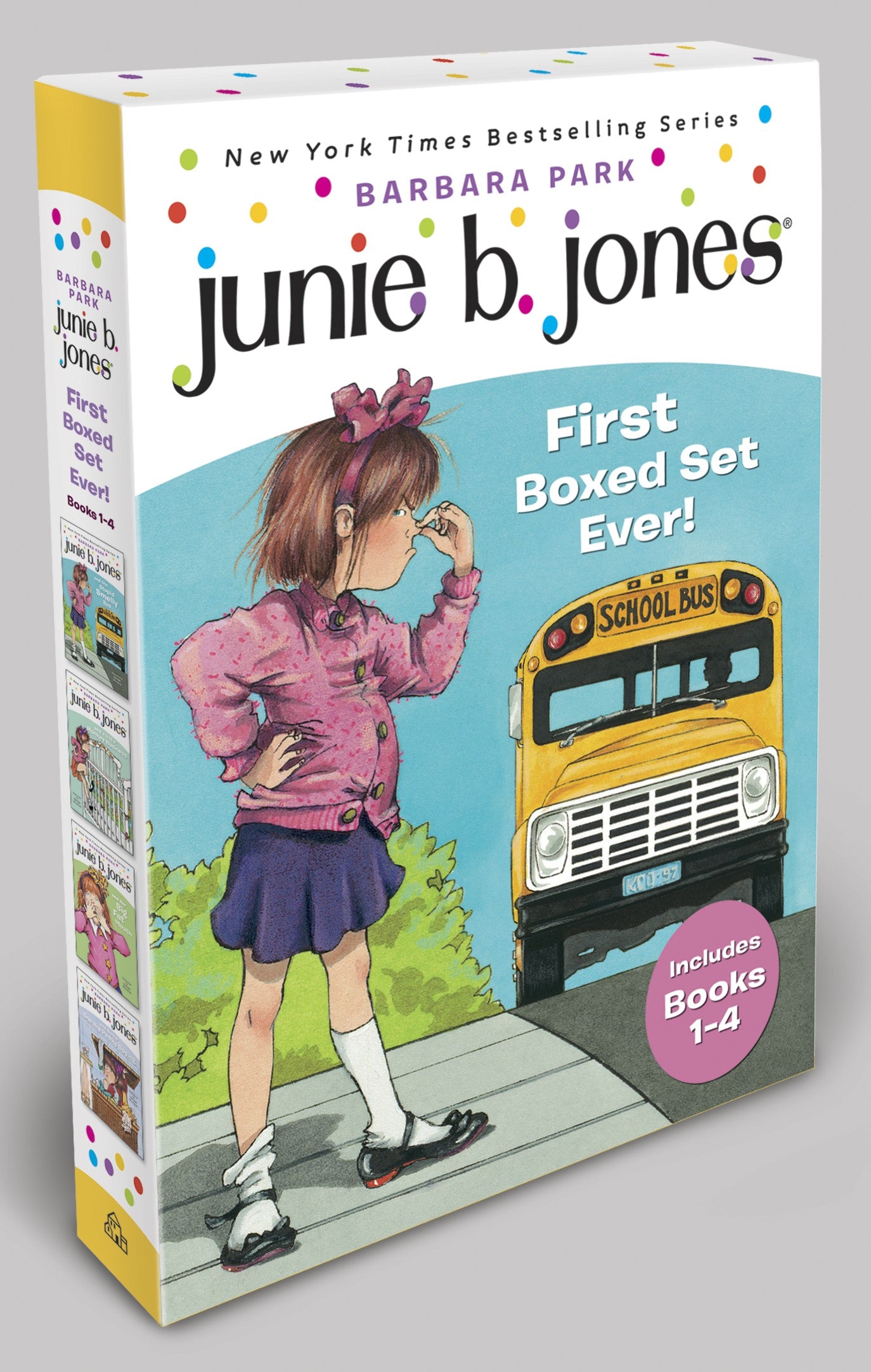 Junie B. Jones First Boxed Set Ever book collection box featuring illustrated girl in pink jacket and purple skirt with school bus, Books 1-4 included