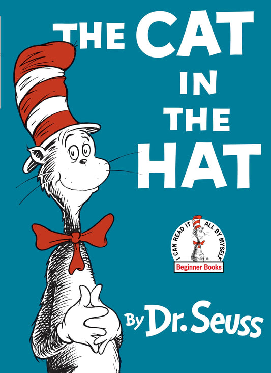 THE CAT IN THE HAT By Dr. Seuss Beginner Books cover featuring the Cat character in red and white striped hat with red bow tie on teal background