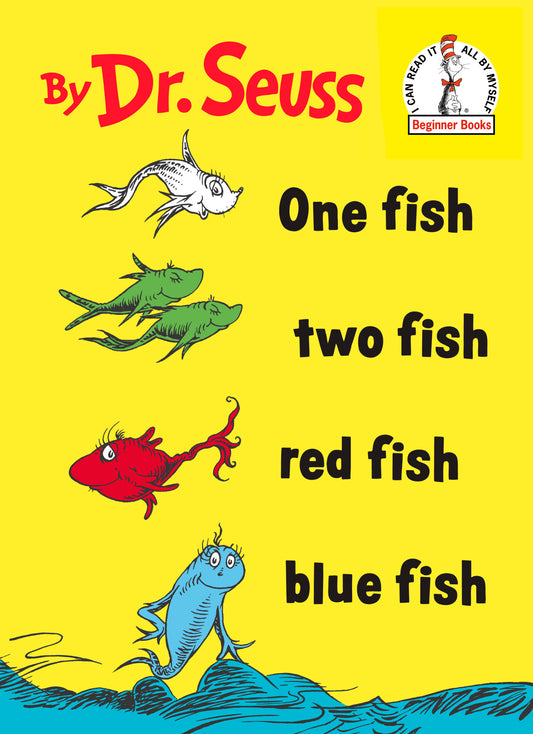 By Dr. Seuss One fish two fish red fish blue fish Beginner Books cover with illustrated fish in yellow, white, green, red, and blue