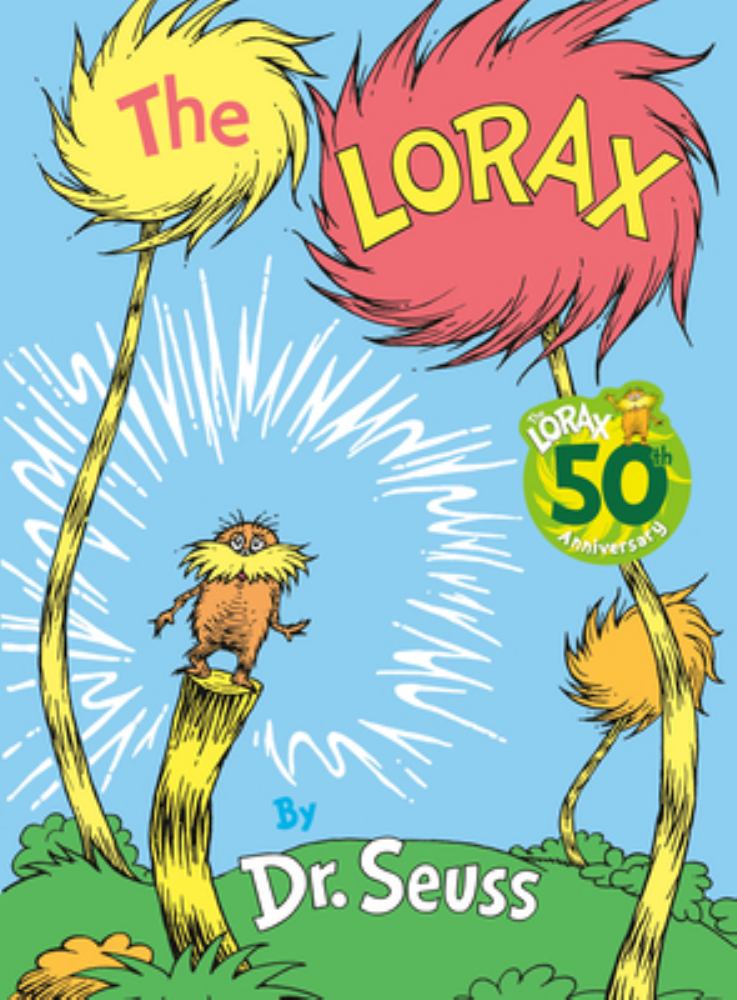 The Lorax by Dr. Seuss book cover featuring the Lorax character with red fluffy hair on a yellow truffula tree, the small orange creature below, and a 50th Anni