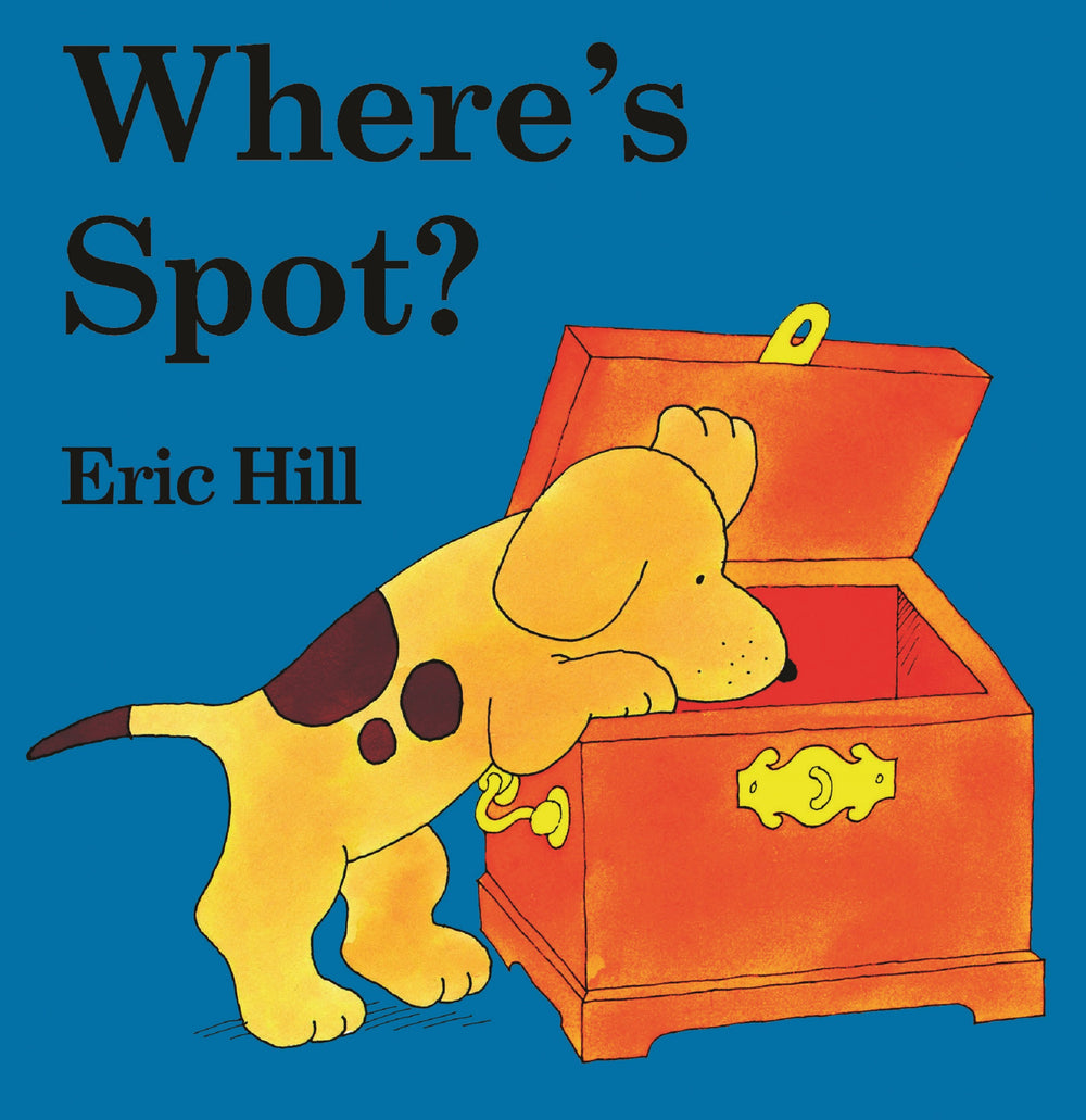 Where's Spot? Eric Hill book cover with yellow puppy peeking into red treasure chest on blue background