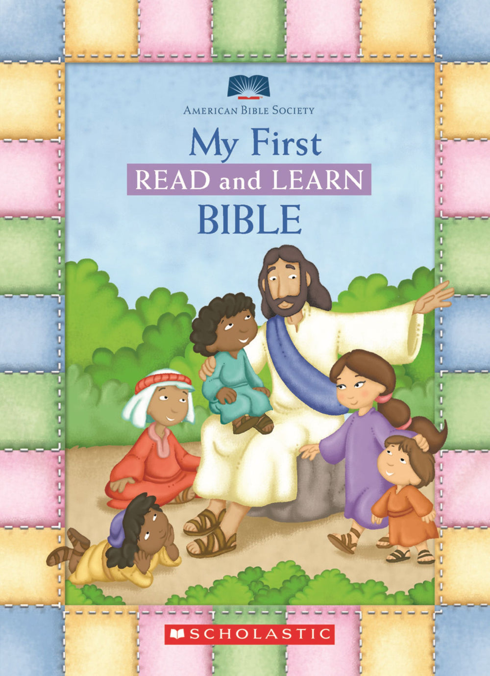 My First Read and Learn Bible board book cover featuring an illustrated adult and children sitting together outdoors with green bushes in background