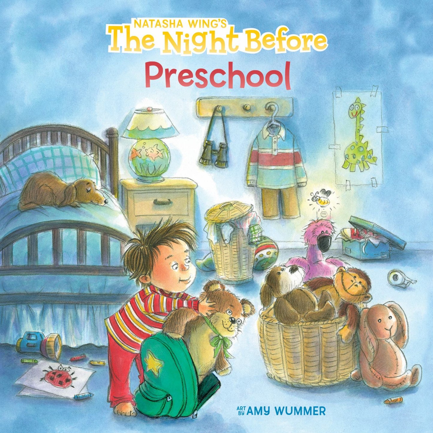 The Night Before Preschool book cover featuring child with toys and stuffed animals