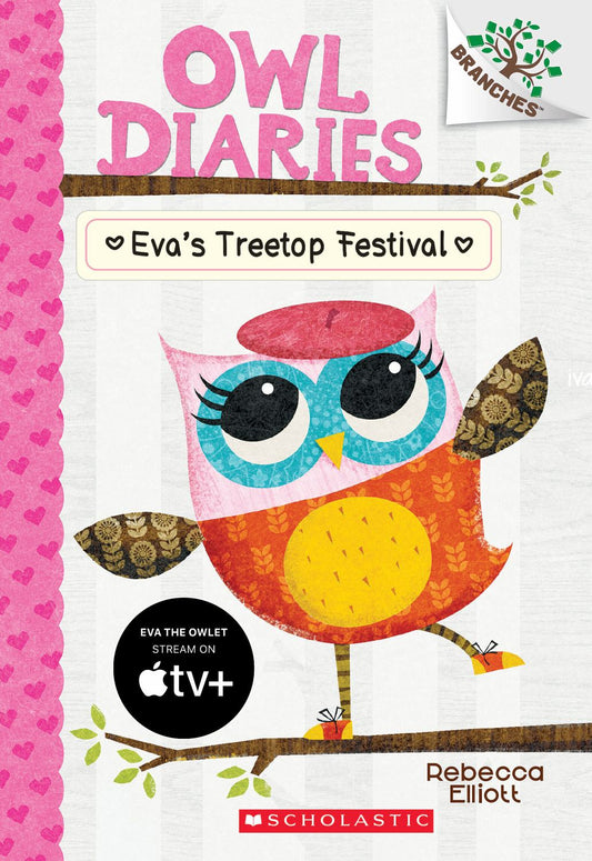 Owl Diaries Eva's Treetop Festival book with colorful owl character and pink heart border