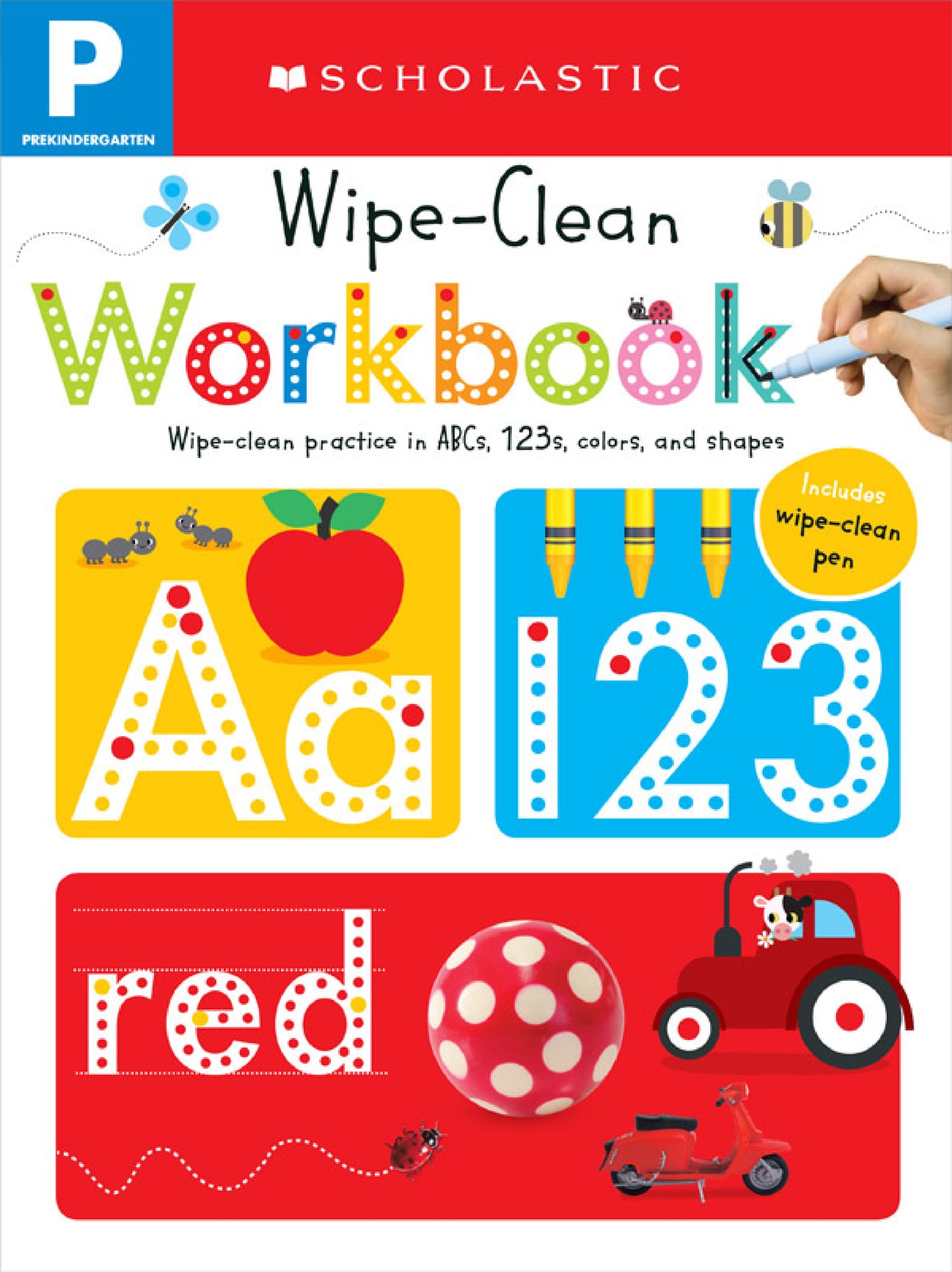 Scholastic Wipe-Clean Workbook cover showing colorful letters, numbers, shapes, and illustrations with included wipe-clean pen