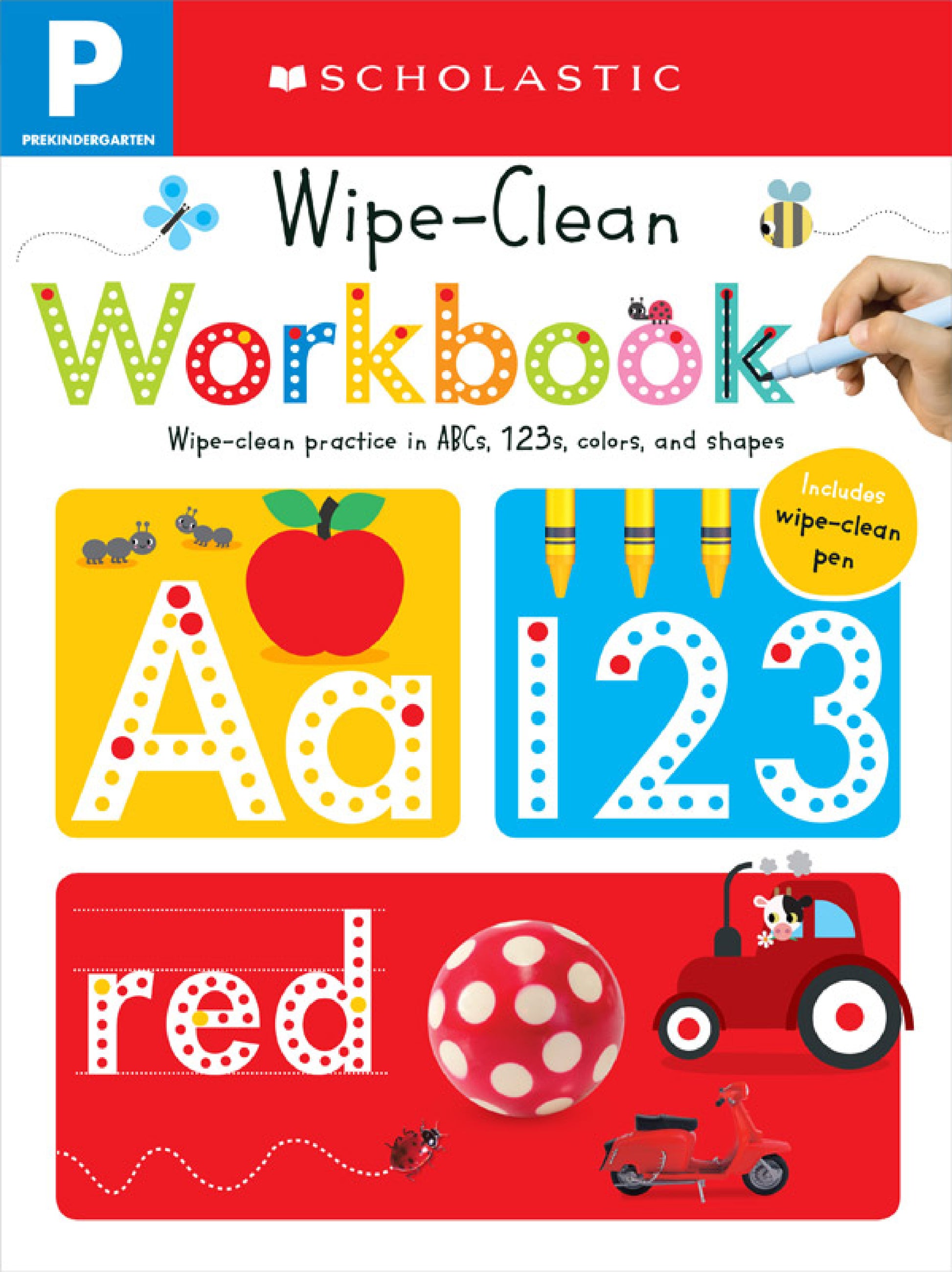 Scholastic Wipe-Clean Workbook cover showing colorful letters, numbers, shapes, and illustrations with included wipe-clean pen