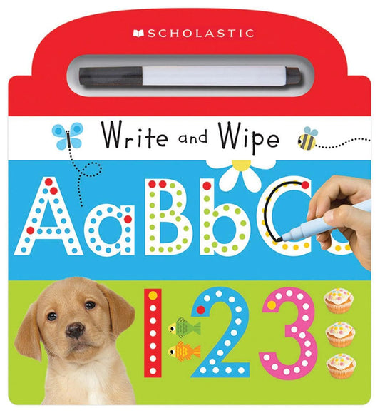 Scholastic Write and Wipe ABC 123 book with attached dry-erase marker, showing colorful dotted letters, numbers, a golden retriever, fish, cupcakes, and a child