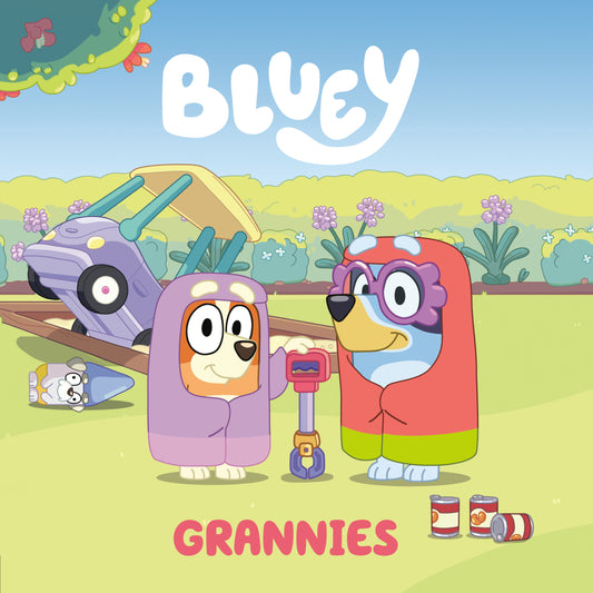 Bluey and Bingo in colorful outfits standing in a sunny garden with flowers, a purple vehicle, and camping tent, with Grannies text below