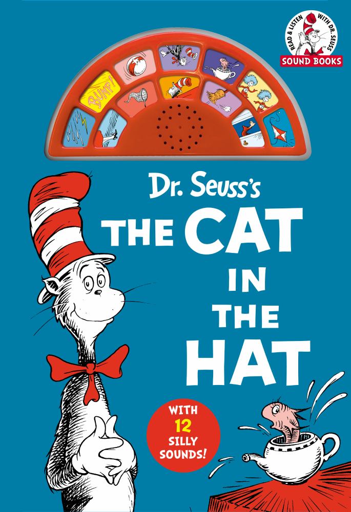 Dr. Seuss's The Cat in the Hat interactive sound board book with 12 silly sounds, featuring the Cat in the tall red and white striped hat on blue background
