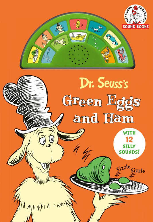 Dr. Seuss's Green Eggs and Ham Interactive Sound Board Book cover featuring the Cat in the Hat holding a plate of green eggs and ham, with a green sound board a