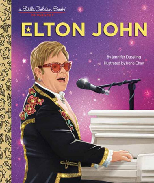 A Little Golden Book biography of Elton John, illustrated cover showing the musician at a piano wearing red-tinted glasses and a black jacket with ornate gold e
