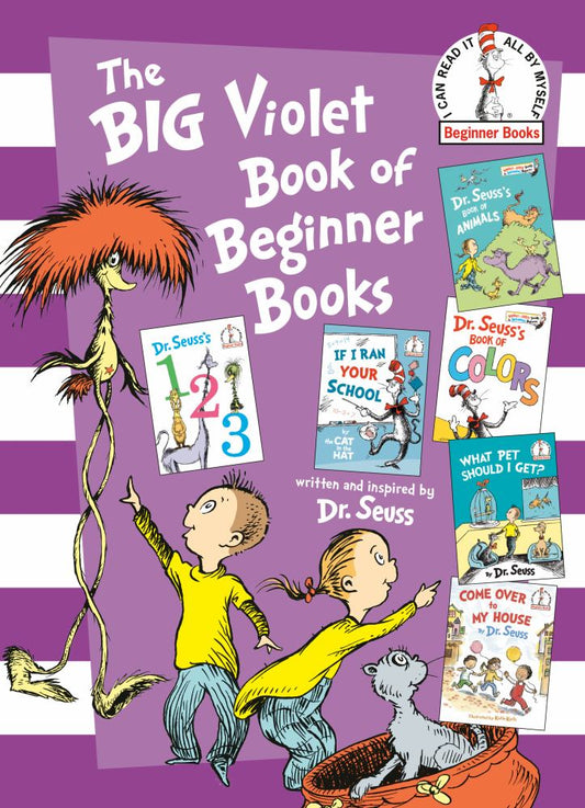 The BIG Violet Book of Beginner Books by Dr. Seuss, featuring colorful Dr. Seuss characters and six included book covers on purple background