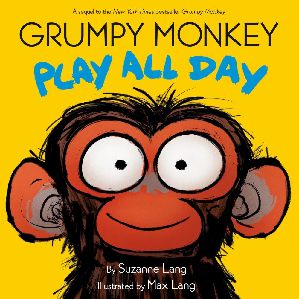 Grumpy Monkey Play All Day book cover with illustrated red-faced monkey with black hair and large eyes on yellow background