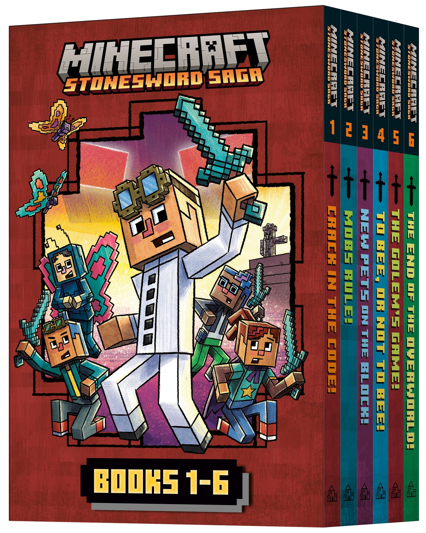 Minecraft Stonesword Saga Complete 6-Book Boxed Set featuring pixelated characters and weapons on red background with six individual book spines numbered 1-6