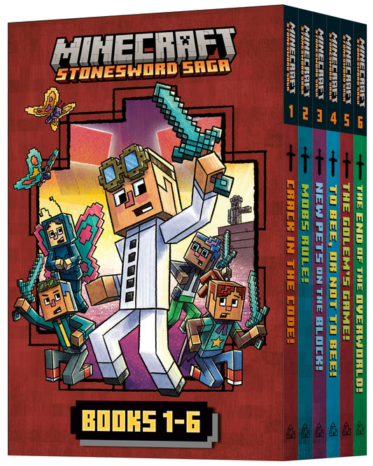 Minecraft Stonesword Saga Complete 6-Book Boxed Set featuring pixelated characters and weapons on red background with six individual book spines numbered 1-6