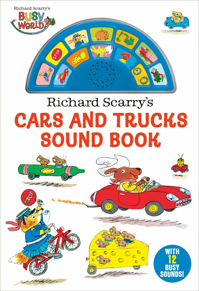Richard Scarry's Cars and Trucks Sound Book cover featuring interactive dome with vehicle images and colorful illustrated characters with various vehicles