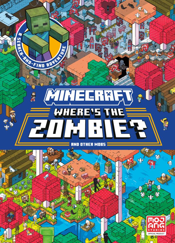 Minecraft: Where's the Zombie? And Other Mobs search activity book cover featuring isometric pixel art Minecraft landscape with colored blocks, characters, and