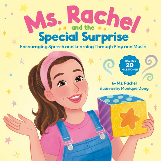 Ms. Rachel and the Special Surprise book cover featuring an illustrated woman with brown hair and pink headband holding a colorful toy block, with stars and dec